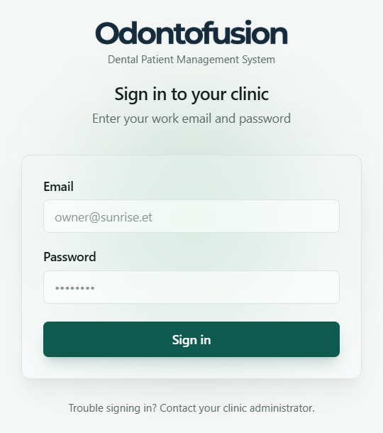 Odontofusion Dental Patient Management System sign-in screen